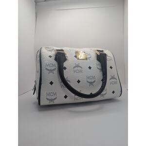 Authentic MCM White & Navy Leather Visetos Speedy 25 Boston Bag